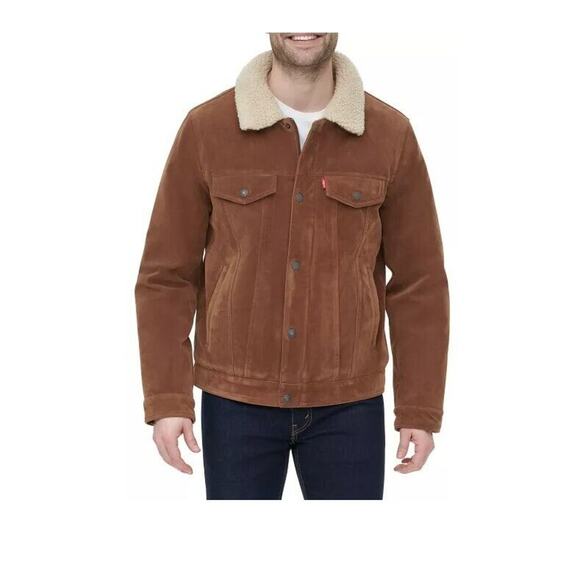 LEVI'S Men Faux-suede Trucker Jacket With Fleece Lining Cognac Size M 400002